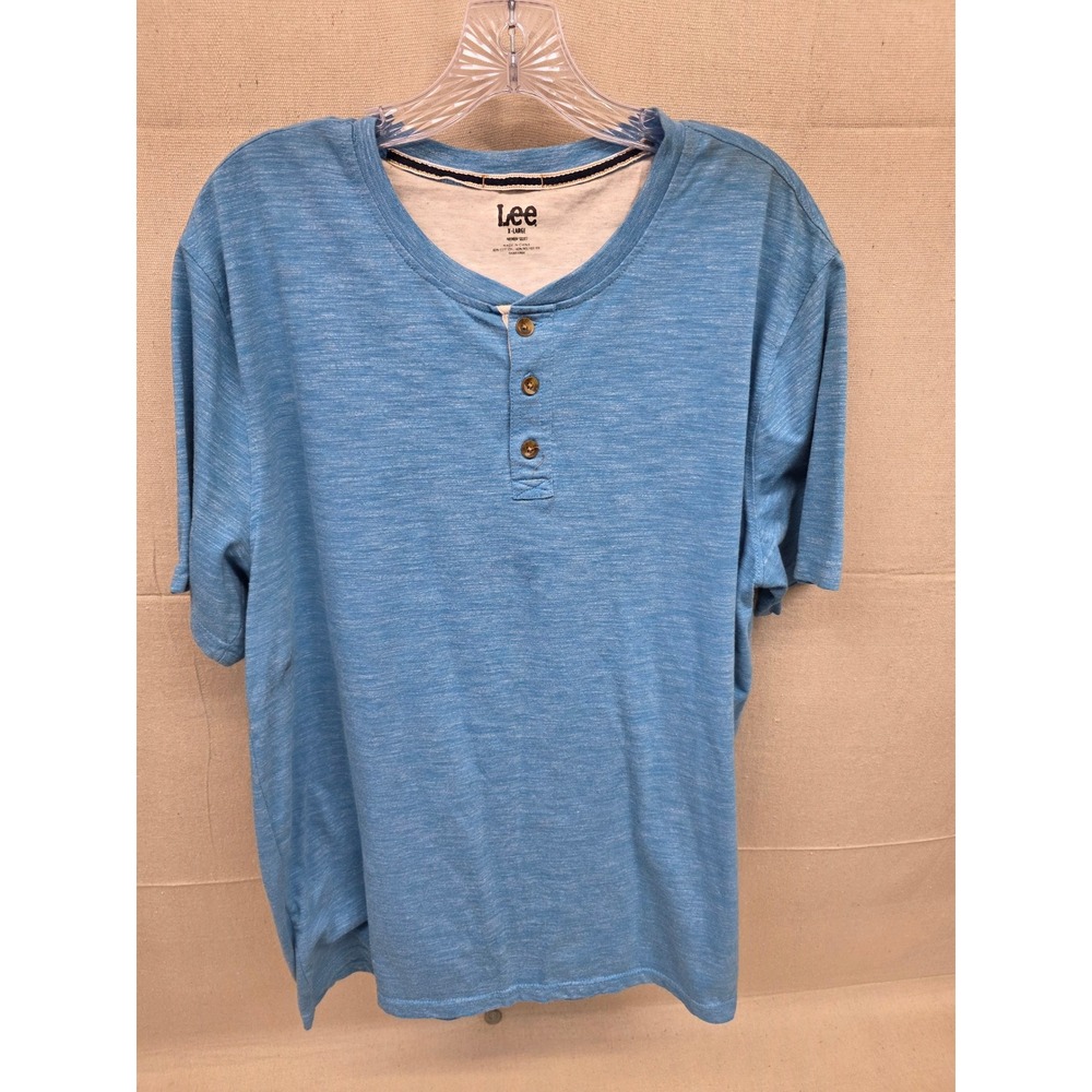 Lee Premium Select Mens XL Blue Heathered Space Dye‎ Short Sleeve Henley Shirt